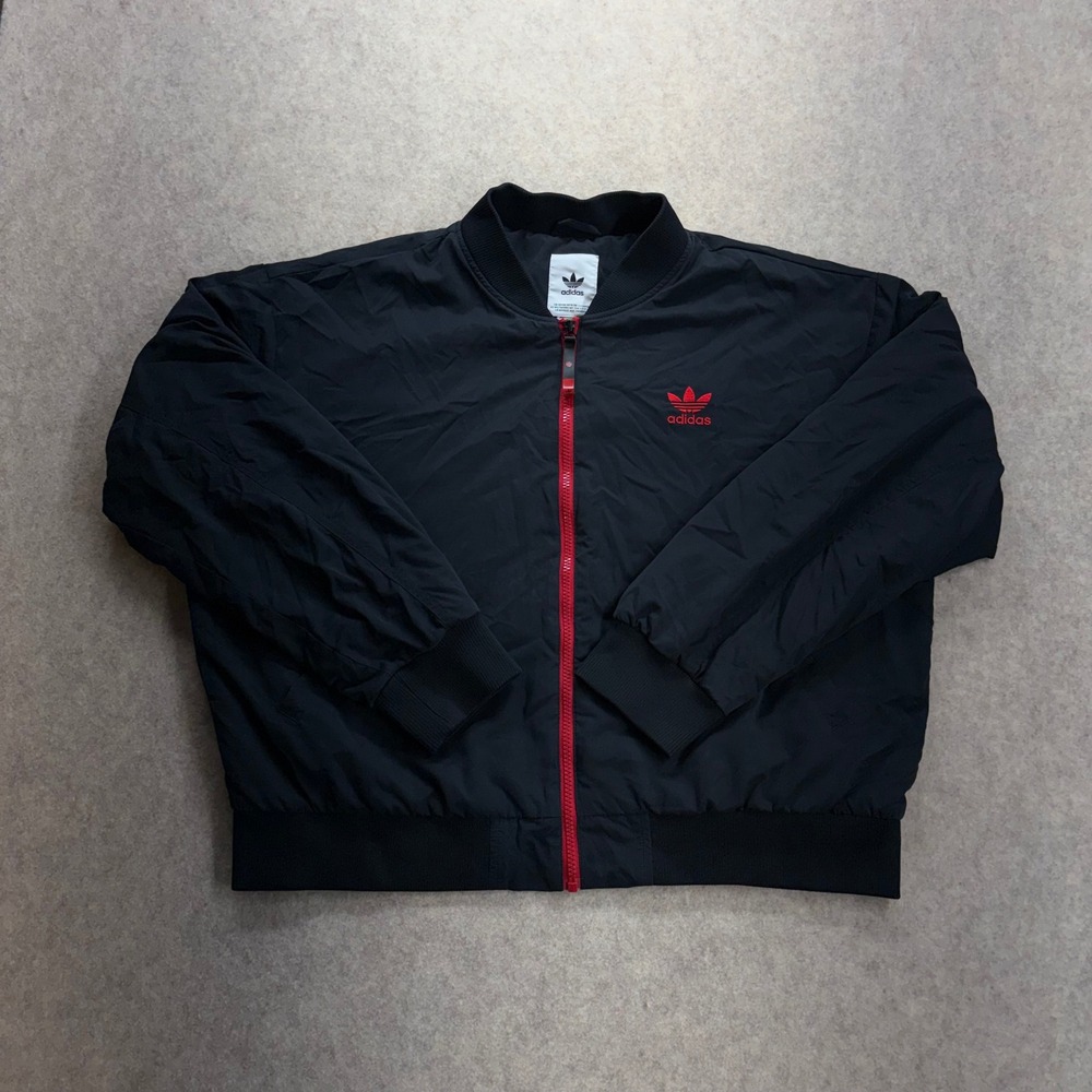 Adidas Originals Mens Large Bomber Jacket Black Red Zip Trefoil Logo Embroidered